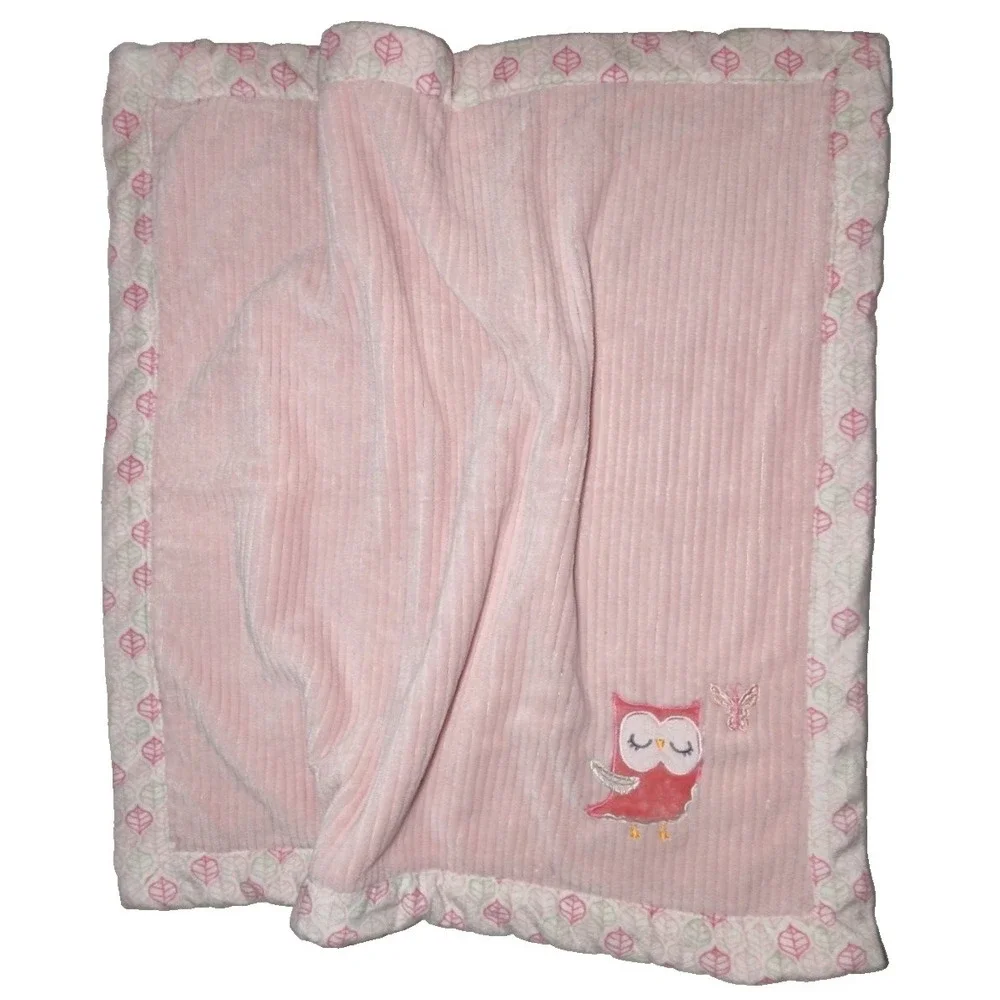 Chick Pea Plush Ribbed Pink OWL Baby Girl Blanket Leaves Sherpa Butterfly